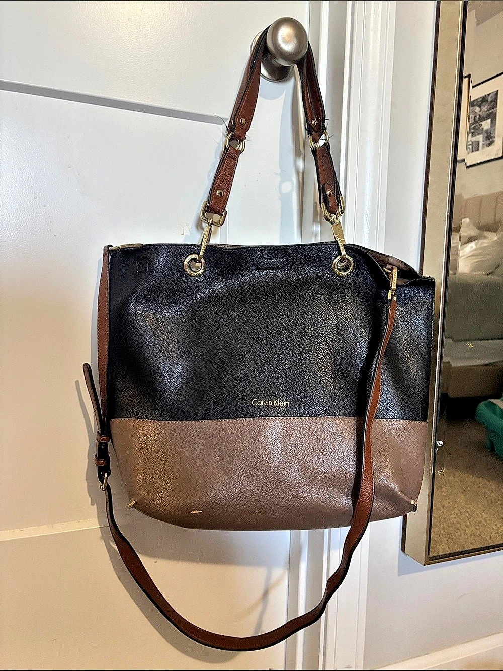 Calvin Klein Color Block Shoulder/ Tote Bag in Black & Brown